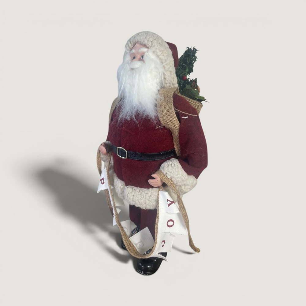 Old World Santa Figurine 18in Rustic Christmas Burgundy Burlap Sack PEACE JOY